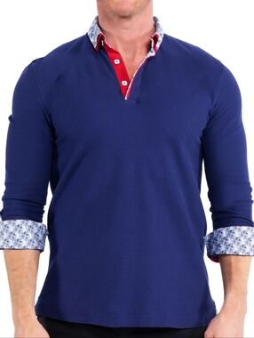 NWT Maceoo Men's Long Sleeve Polo Shirt - Navy with Red Trim